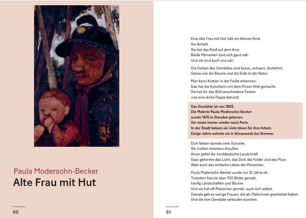 Seiten aus dem Heft über das Gemälde "Alte Frau mit Hut" von Paula Modersohn-Becker